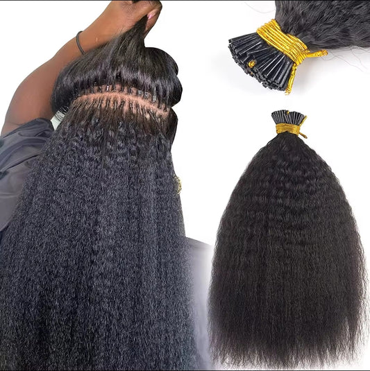 Kinky Straight I Tip Hair Extension Human Hair Italian Coarse Yaki MicroLinks Raw Keratin Hair Extension