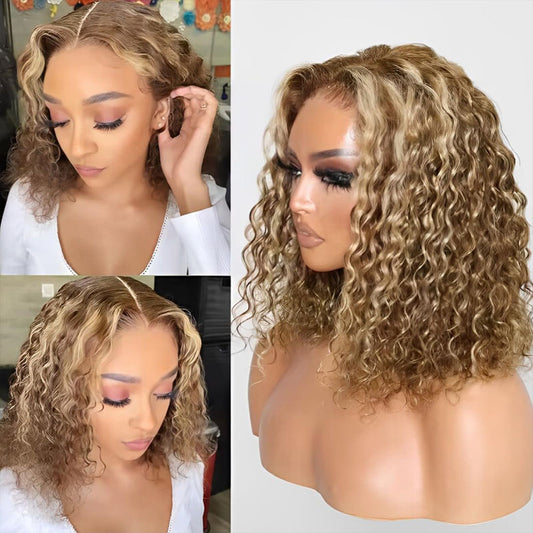 100%Honey Gold human hair with two color and deep Wave Virgin Human Hair Lace Frontal Wigs For Women