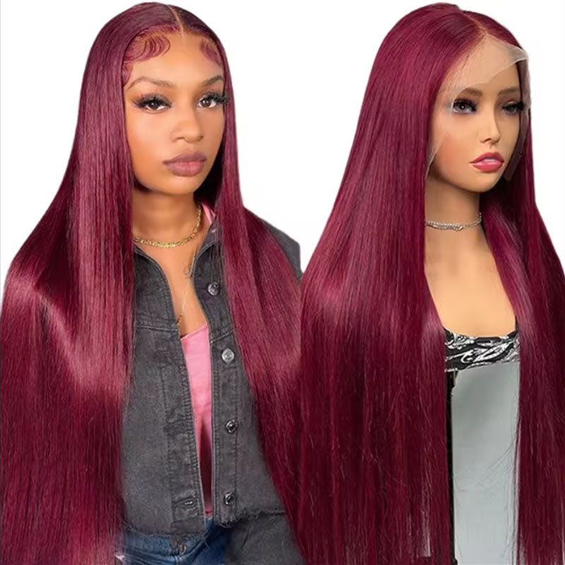 100% Virgin Hair HD 99j Burgundy Lace Front Wig Bone Straight Human Hair Wigs Pre Plucked Colored Hd Transparent Lace Frontal Wig