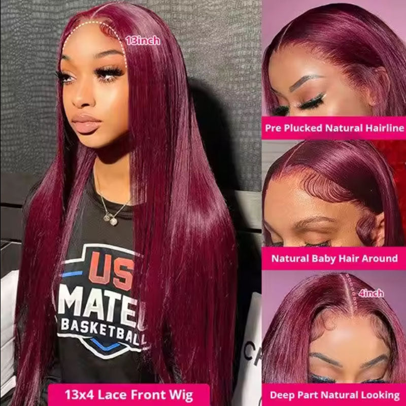 100% Virgin Hair HD 99j Burgundy Lace Front Wig Bone Straight Human Hair Wigs Pre Plucked Colored Hd Transparent Lace Frontal Wig