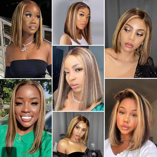 HD 100%Honey blonded Human Hair Wigs with Black Straight Lace Frontal Wigs Wholesale Highlight Bob Lace Front Human Hair Wig Straight