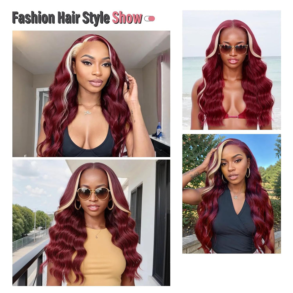 100% Virgin Hair HD 99j Burgundy Lace Front Wig Bone natural wave Human Hair Wigs Two tone colored hair Transparent Lace Frontal Wig