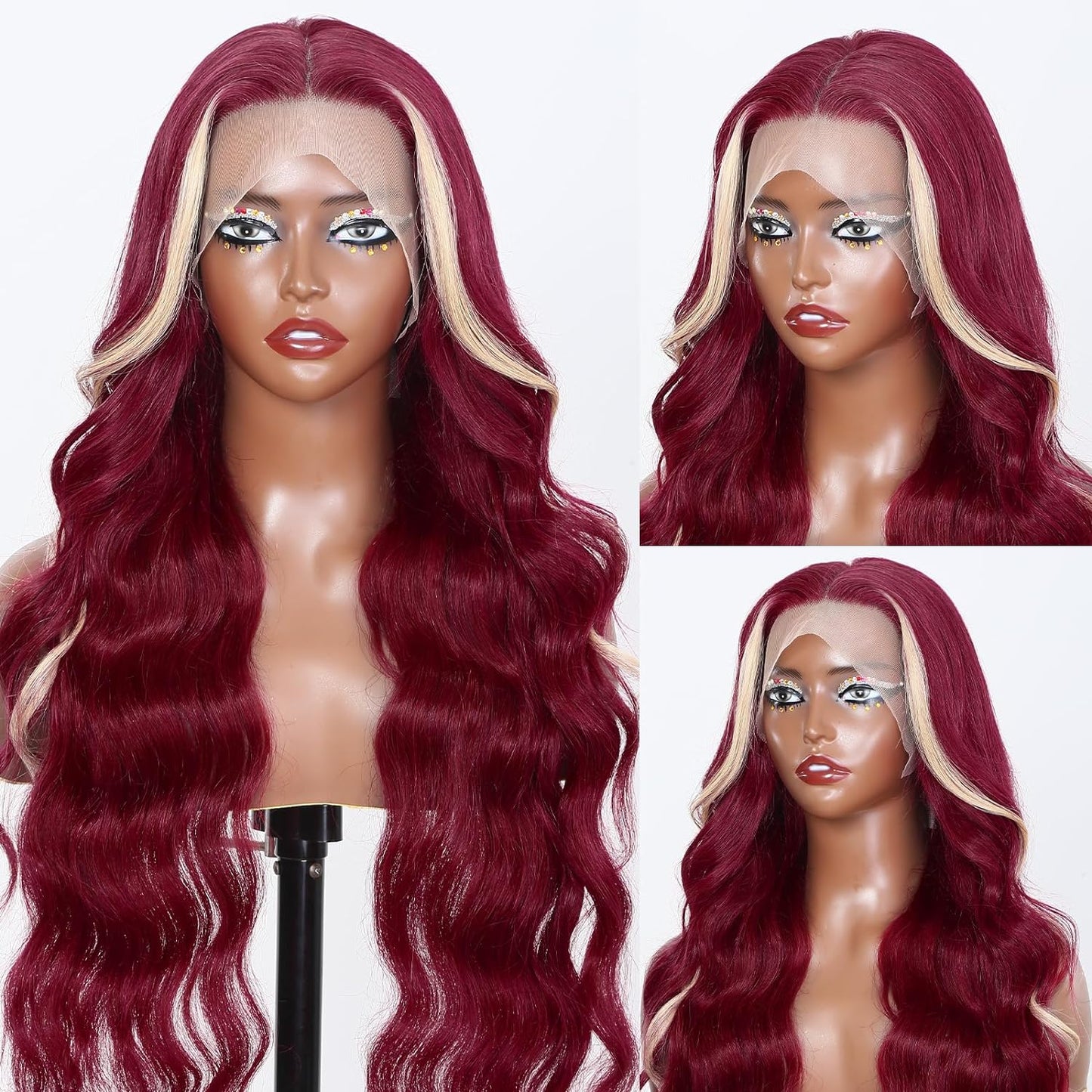 100% Virgin Hair HD 99j Burgundy Lace Front Wig Bone natural wave Human Hair Wigs Two tone colored hair Transparent Lace Frontal Wig