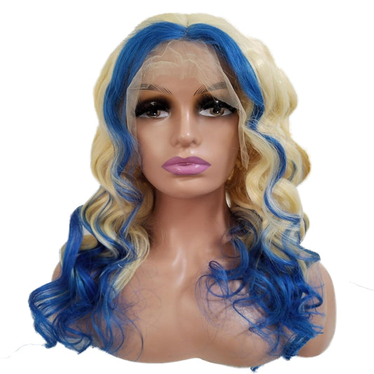 Virgin Hair 613 99j Burgundy Lace Front Wig Bone natural wave Human Hair Wigs Two tone colored(blue& highlight  golden) hair Transparent Lace Frontal Wig