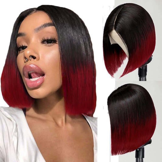 100%Natural Dark human hair with two Gradient color(From Black to Red) straight Virgin Human Hair Lace Frontal Wigs For Women