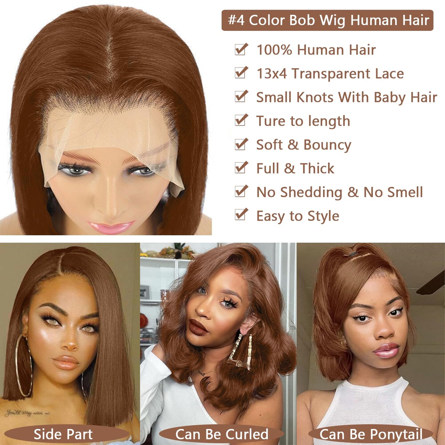 Bobo Head 100% Natural Honey Brown human hair straight Virgin Human Hair Lace Frontal Wigs For Women