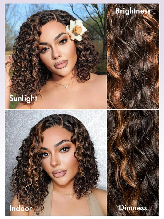 100%Honey Brown human hair with two color and deep Wave Virgin Human Hair Lace Frontal Wigs For Women